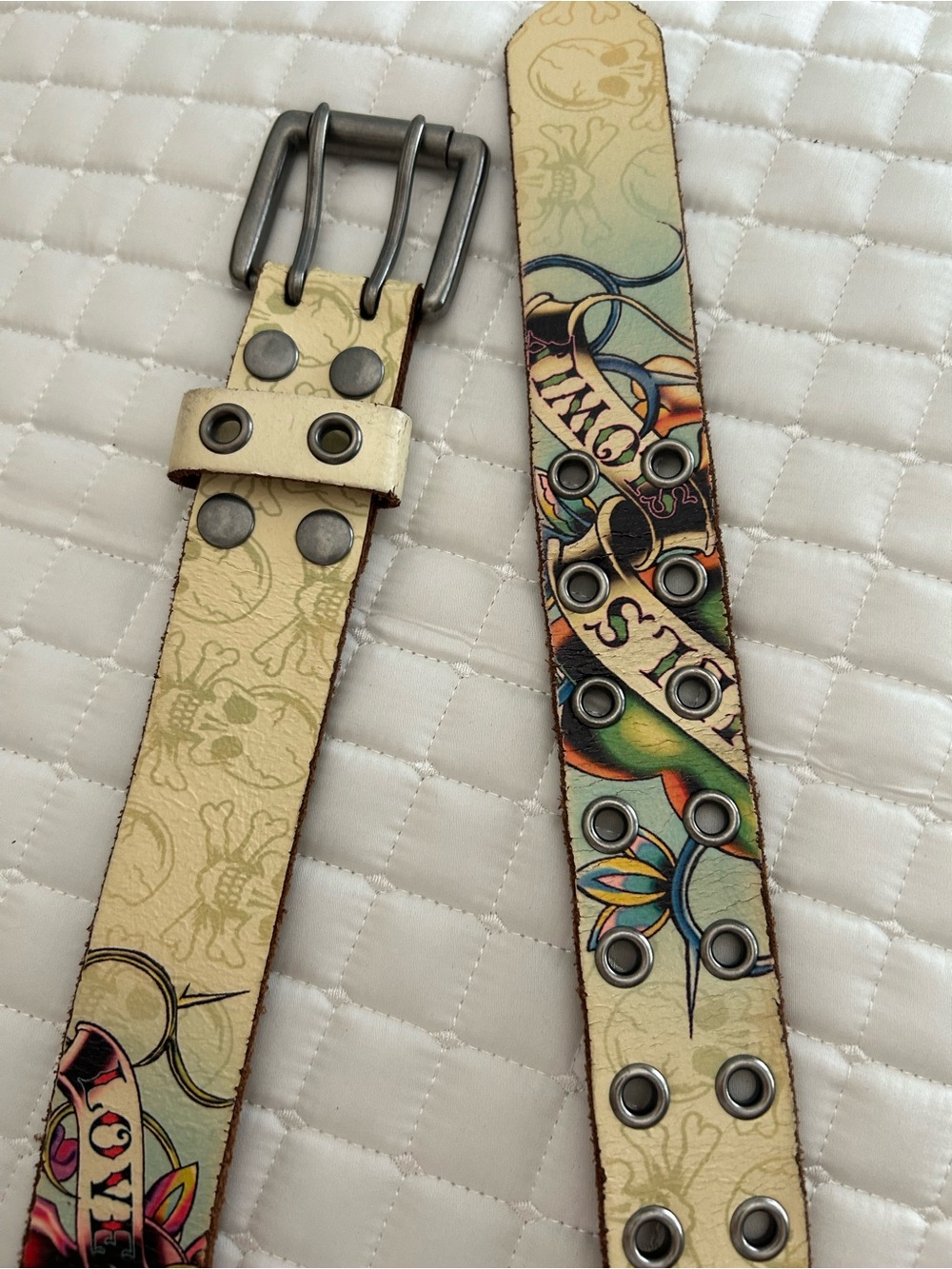 Ed Hardy Cream Belt with Red and Black Tattoo